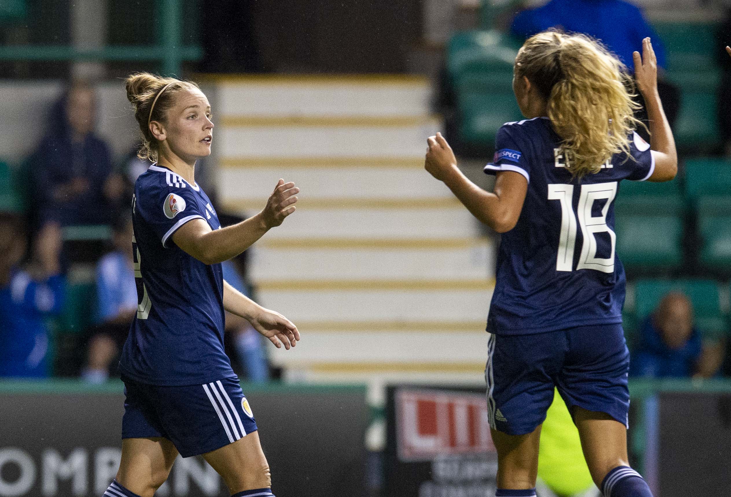 Kim Little (left) provided three of Scotland's five goals with Claire Emslie (right) also on the scoresheet.