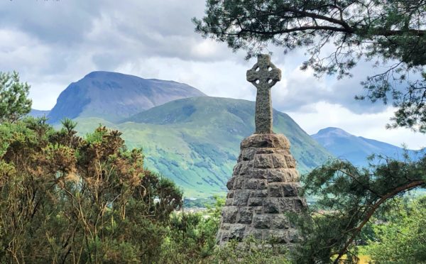 First World War memorial cross above Banavie looking across to Ben Nevis.