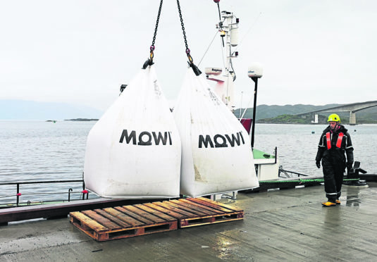 Bags of feed being loaded at Mowi’s new salmon feed plant at Kyleakin on Skye