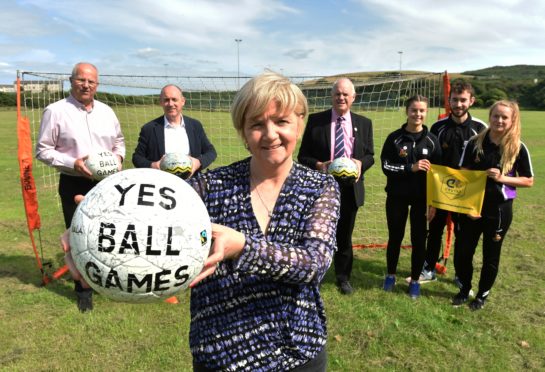 Jenny Laing, co-leader of Aberdeen City Council (front) with (back, from left) Graham Thom, chairman of the Denis Law Trust, trustee Steve McKnight, trustee Alistair Findlater with Kiana Coutts, Lewis Walker and Hannah Clews from Denis Law Legacy.