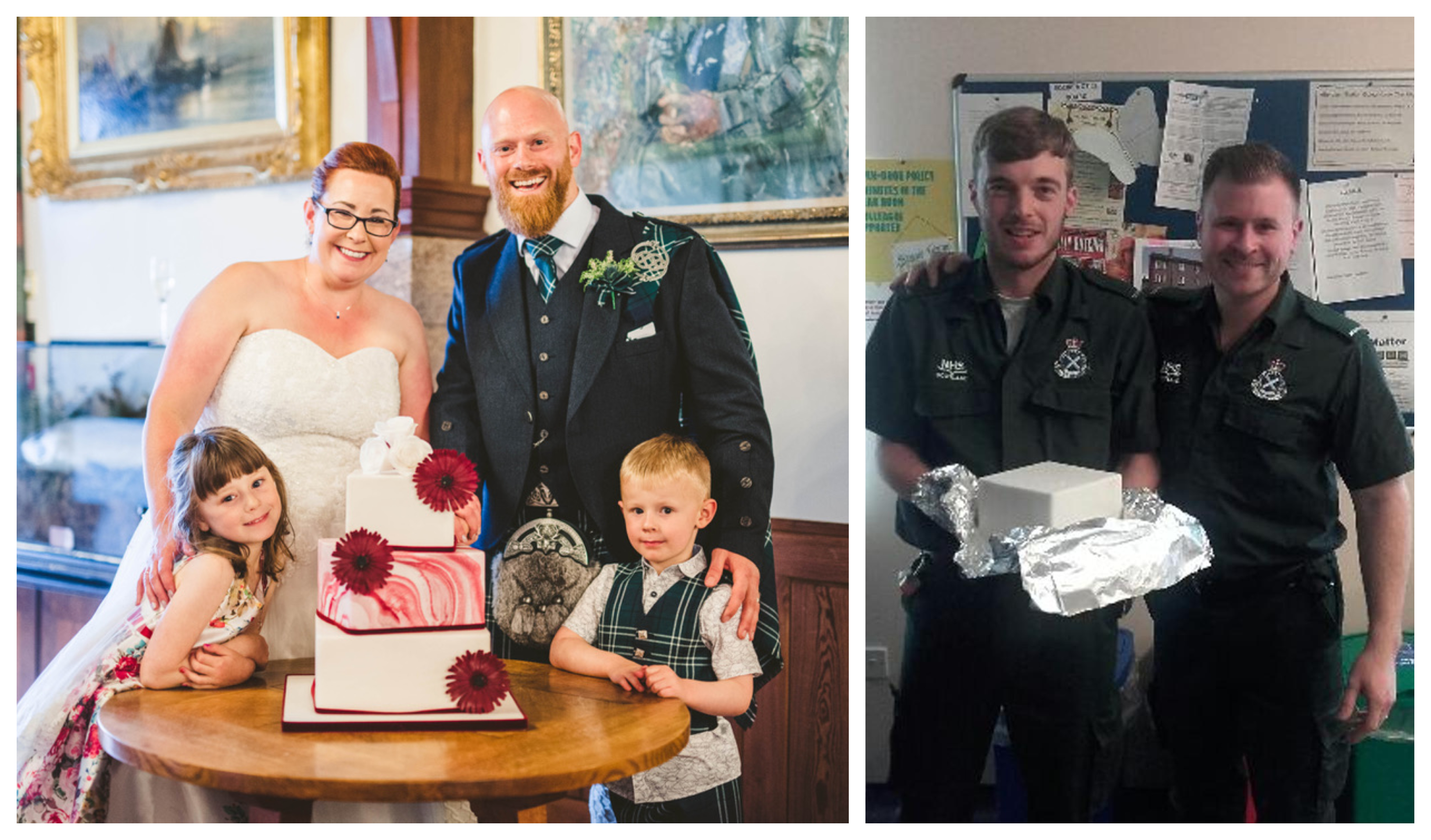 Caroline and Phil, with kids Olivia and Cameron at the wedding, and Scottish Ambulance staff, Connor Melville, holding the cake, with Richard Forte