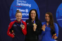 Sophie Pascoe of New Zealand (gold) Toni Shaw of Great Britain (silver) and Elizabeth Smith of USA bronze after the Women's 100m Butterfly S9 Final on Day Three of the London 2019 World Para-swimming Allianz Championships.
