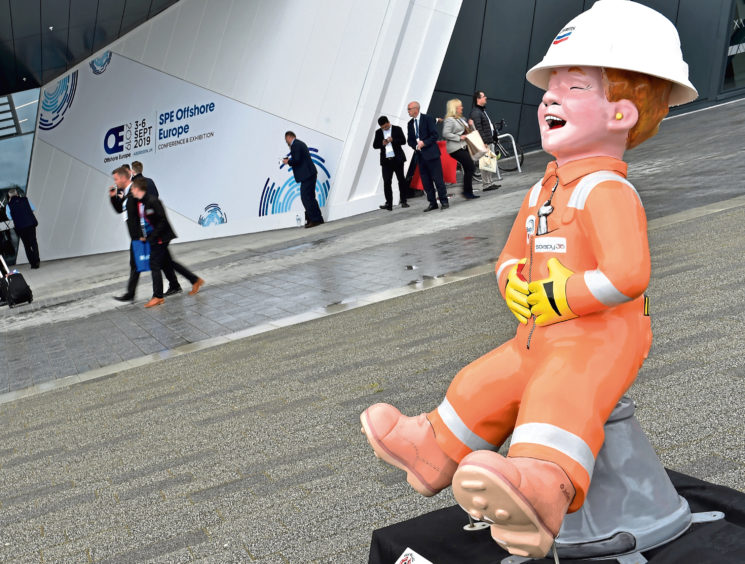 Statue of oil and gas worker at Offshore Europe.