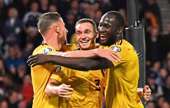 Thomas Vermaelen celebrates his first goal during a UEFA Euro 2020 qualifier between Scotland and Belgium,