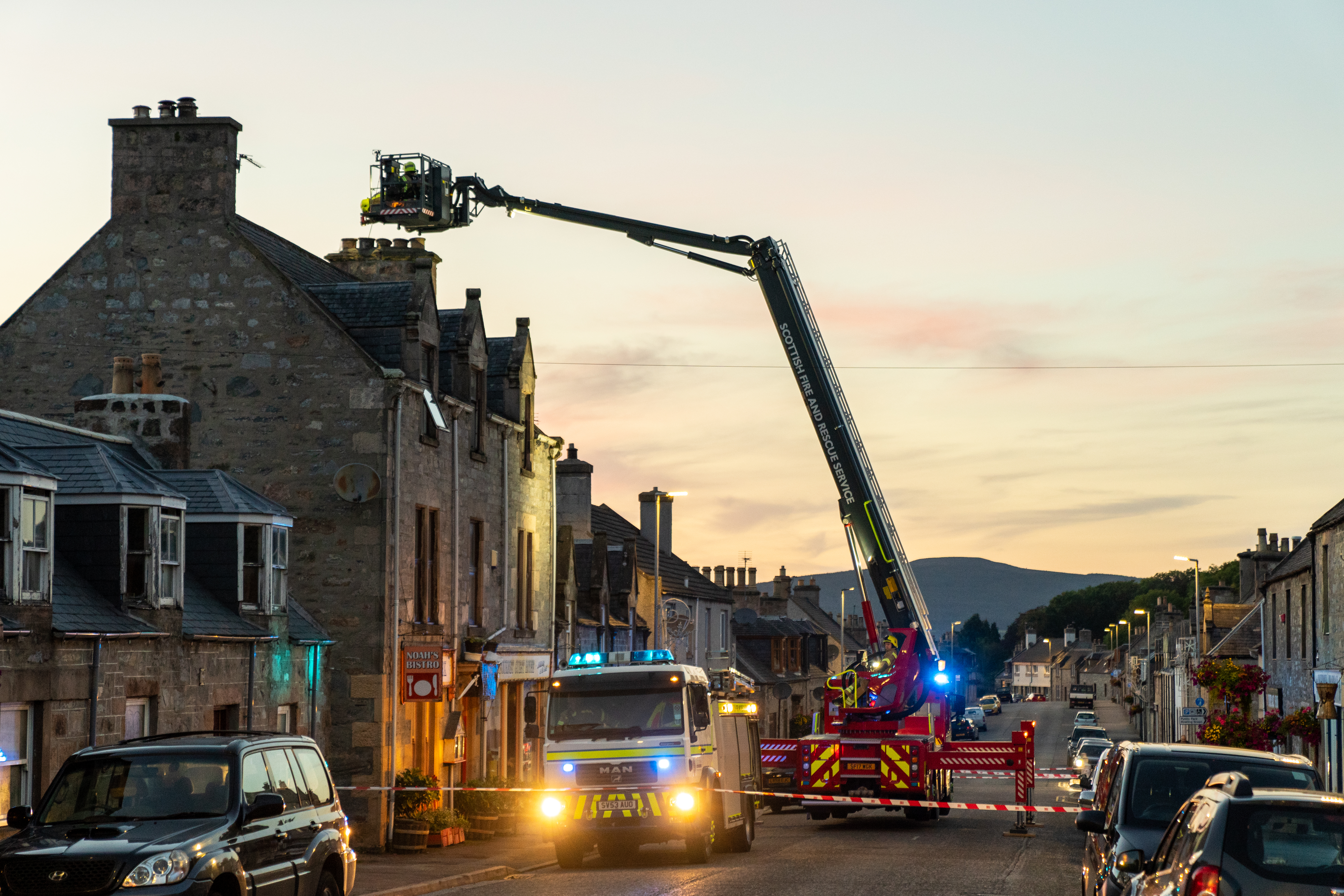 Streets were sealed off in Dufftown as fire crews tried to rescue the cat.