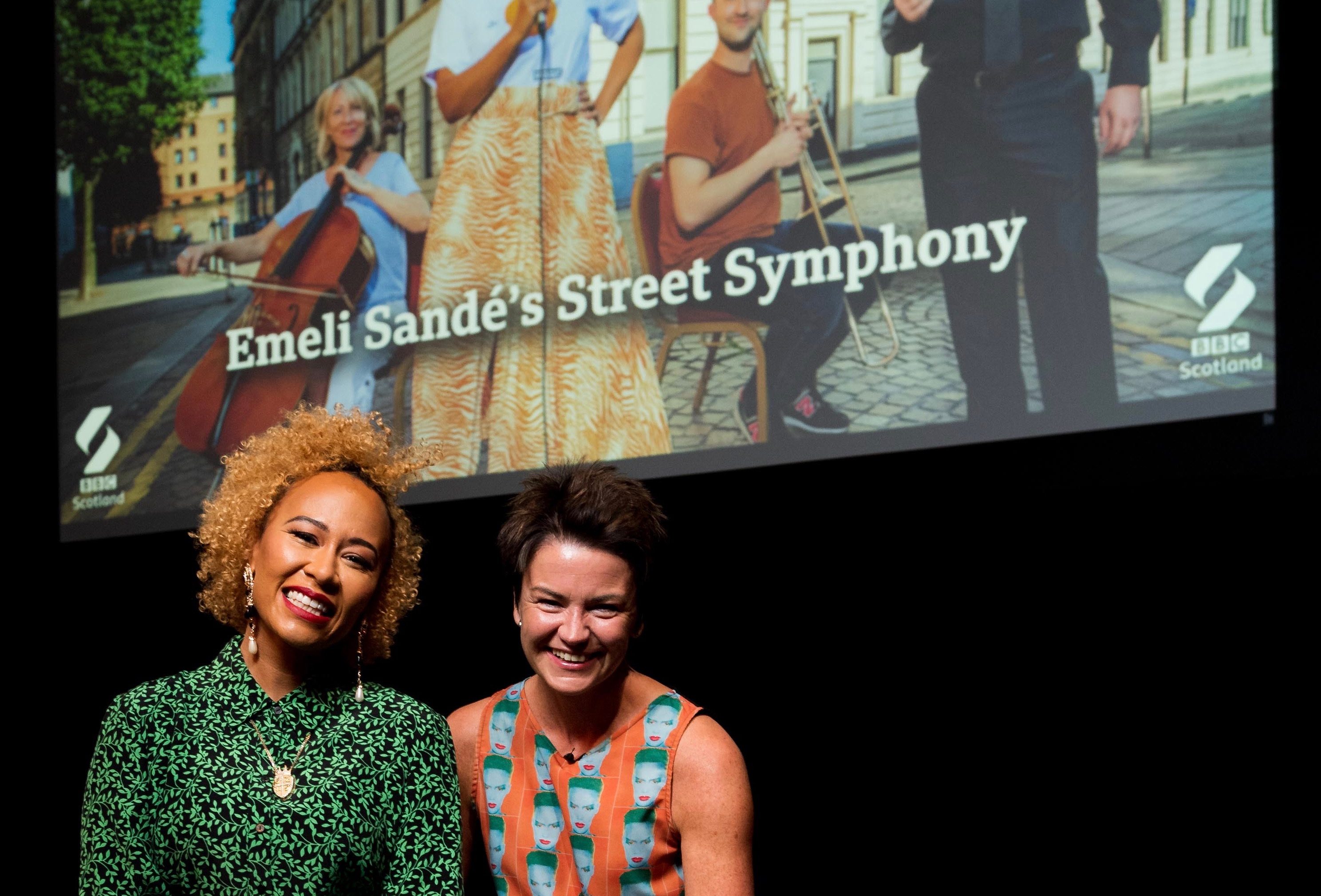 Emeli Sandé with BBC Scotland's Fiona Stalker who led the singer in conversation after a screening of her new programme, Emeli Sandé's Street Symphony at the Lemon Tree in Aberdeen.