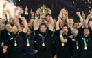 Richie McCaw of New Zealand lifts the Webb Ellis Cup following victory in the 2015 Rugby World Cup Final match between New Zealand and Australia at Twickenham.