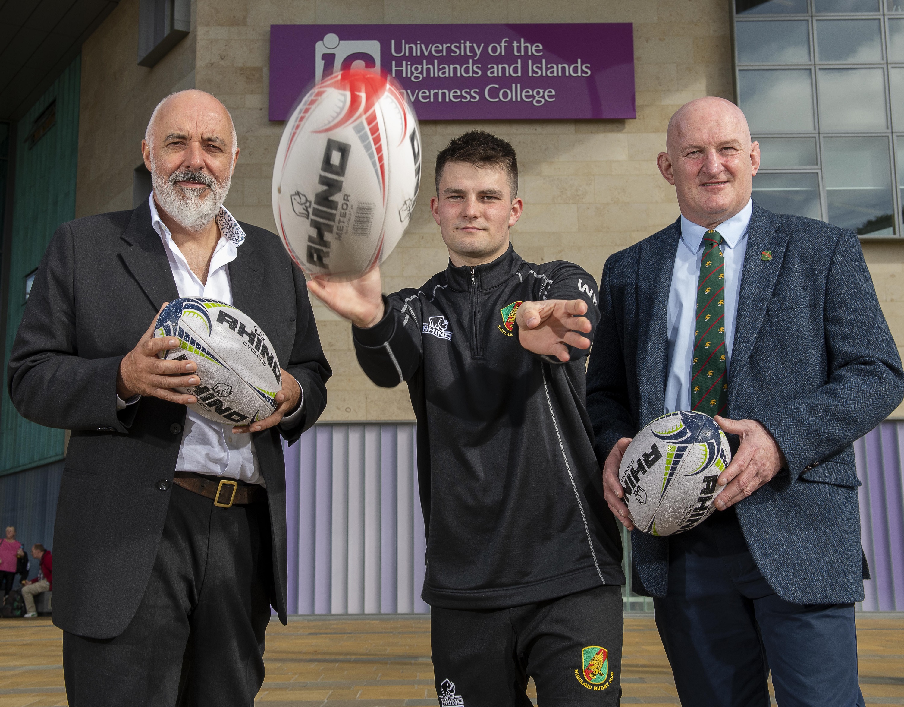 Professor Chris O’Neil, principal and chief executive of Inverness College UHI, with HND Coaching and Developing Sport student William Moncrieff, who plays for Highland, and Graham Findlater, President of Highland Rugby
