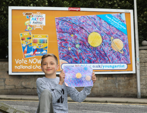 Natan Trojanowski (10) from Aberdeen, regional winner for Scotland of the BIC KIDS Young Artist Award with his winning artwork and one of the sites displaying his work.
Photo: Professional Images/@ProfImages