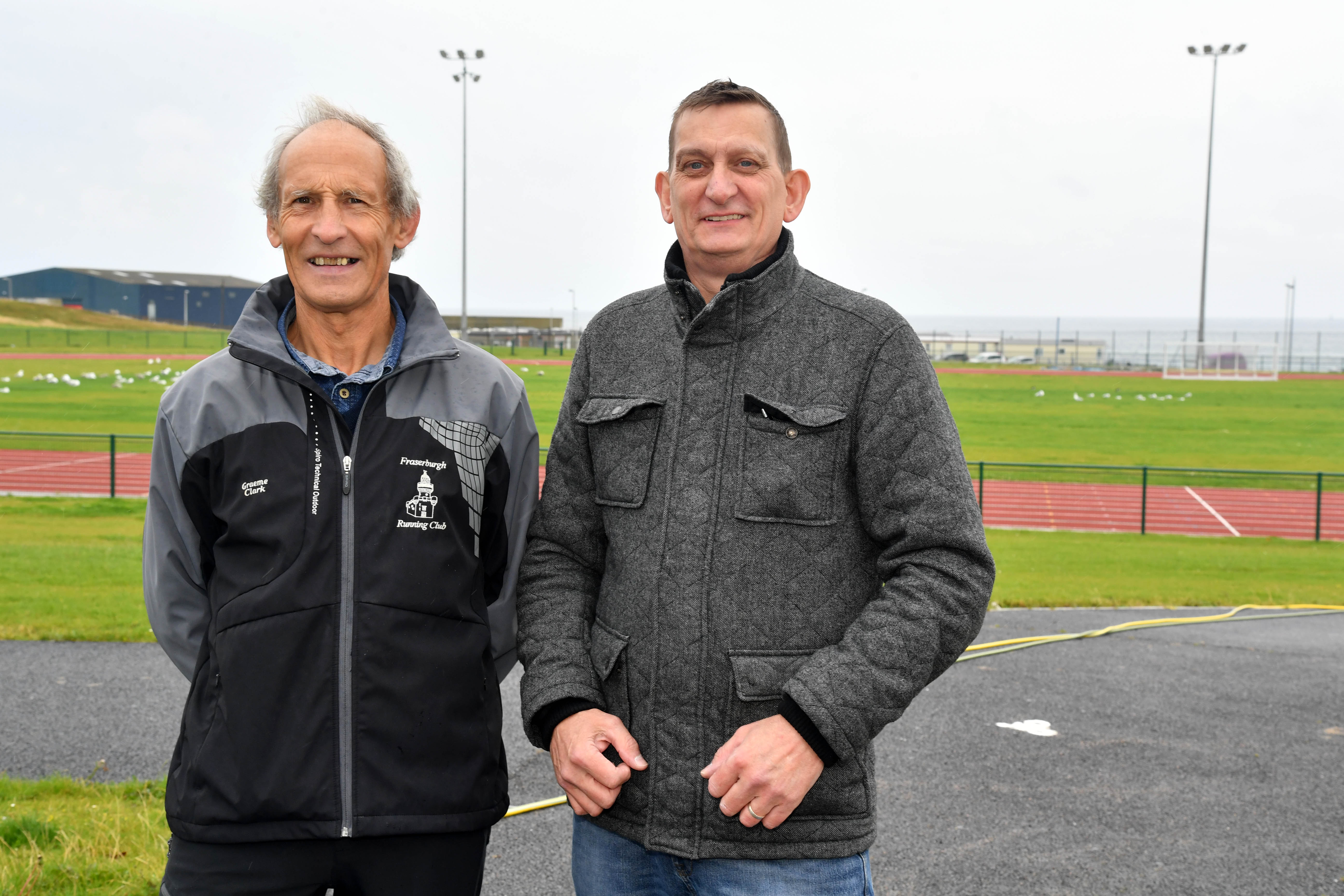 PAUL GREENALL (R) WITH GRAHAM CLARK, CHAIRMAN OF THE SOUTH LINKS SPORTS  DEVELOPMENT TRUST, AT THE BROCH RUNNING TRACK.