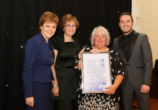 Paula Logan with First Minister Nicola Sturgeon, Moira Strathdee, Paula and Jordan Young from the BBC's River City.