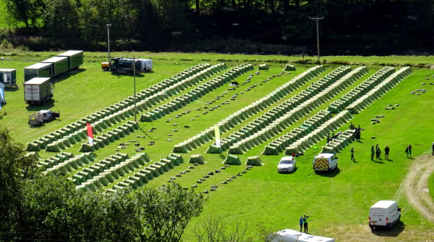 The Ride Across Britain tented village being set up for the cyclists arriving at Bellabeg, Strathdon, after the 110 mile ride from Hopetoun House,