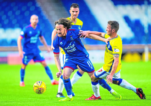 Tom Walsh holds off Morton's Chris Millar during the Ladbrokes Championship tie between Inverness CT and Greenock Morton, on August 30, 2019. Photo by Bill Murray / SNS Group)