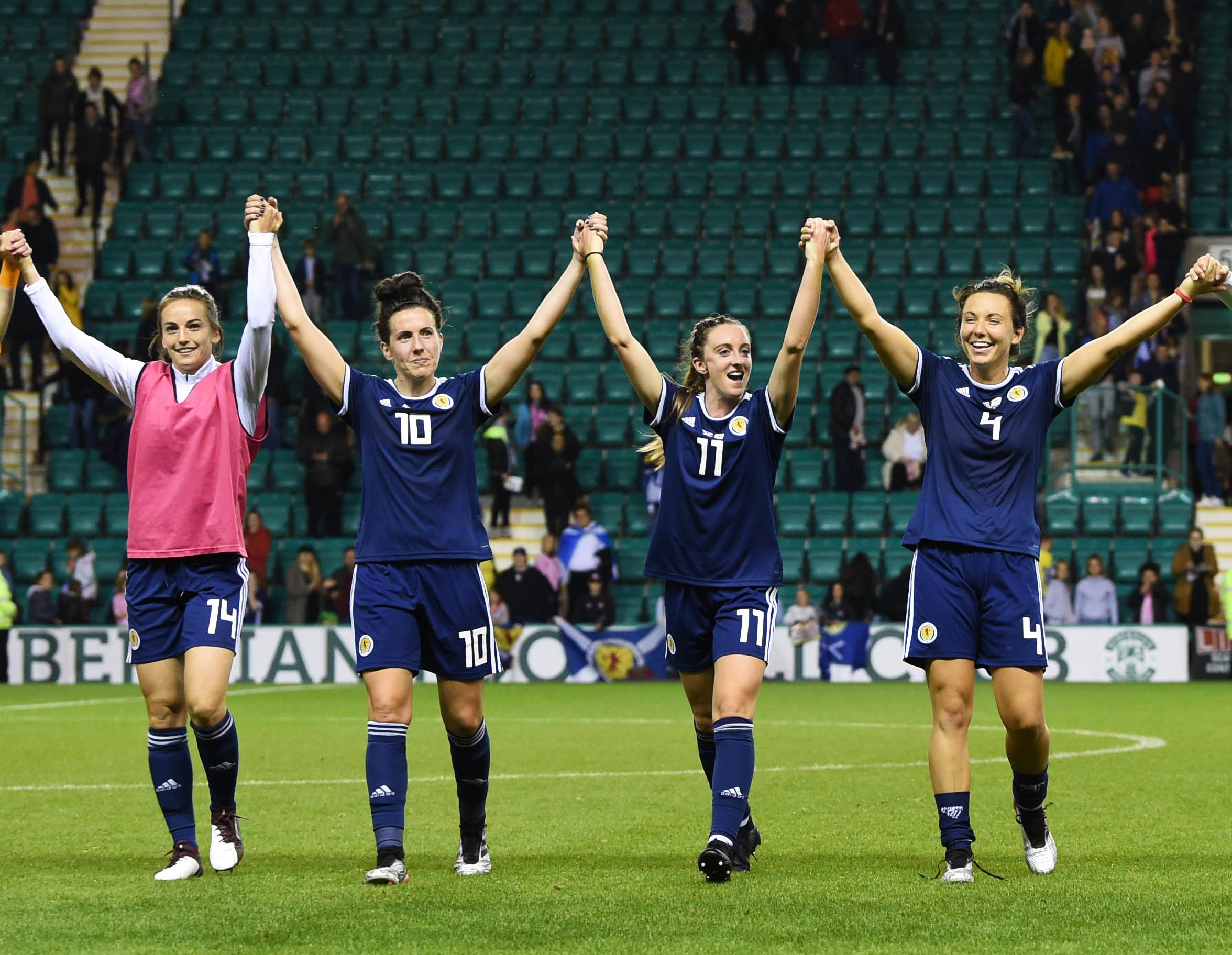 The Scotland players celebrate towards the fans at full time of the UEFA Women’s 2021 qualifier between Scotland and Cyprus