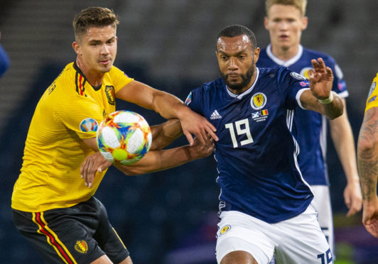 GLASGOW, SCOTLAND - SEPTEMBER 9: Scotland's Matt Phillips (right) battles with Belgium's Leandre Dendoncker during a UEFA Euro 2020 qualifier between Scotland and Belgium, at Hampden Park, on September 9, 2019, in Glasgow, Scotland. (Photo by Bruce White / SNS Group)