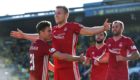 Aberdeen's Sam Cosgrove (centre) celebrates his goal during the Ladbrokes Premiership match between Livingston and Aberdeen