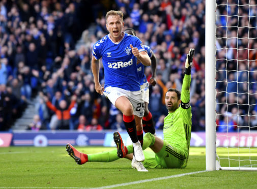 Greg Stewart celebrates after scoring to make it 2-0 Rangers against Aberdeen