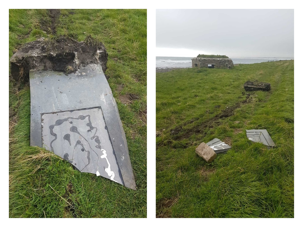 The standing slab of Caithness flagstone at Keiss Brochs was found knocked over and shattered into pieces,
