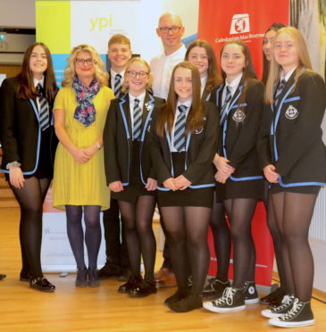Last year’s winning YPI team from St Columba’s High School, Gourock with CalMac’s Director of HR, Christine Roberts and the Wood Foundation’s Deputy Director, Jonathan Christie at the partnership launch.