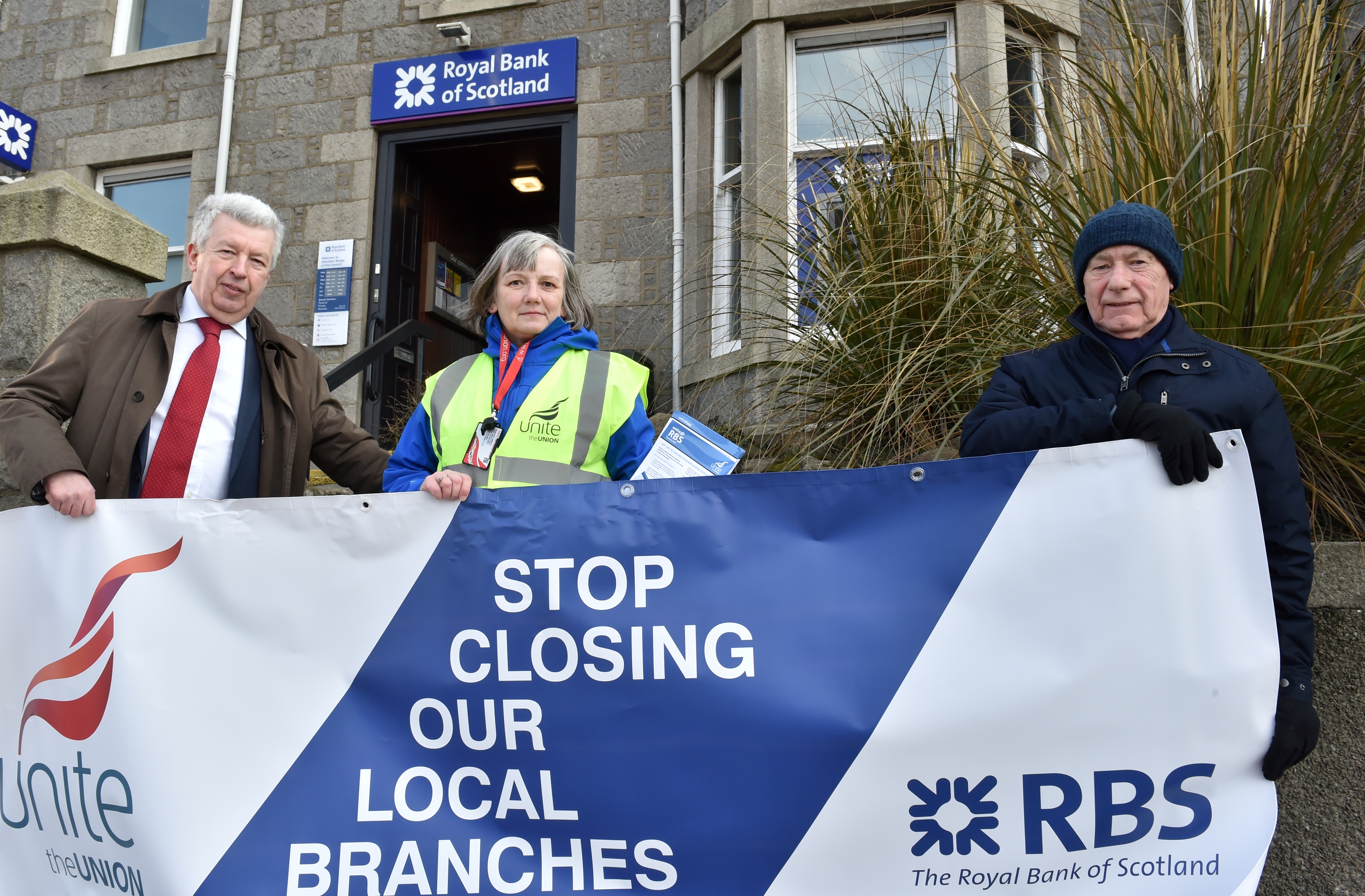The RBS at Ellon Road, Bridge of Don - MSP Lewis Macdonald with Donna Clark and John McKay. See closure story.
Picture by COLIN RENNIE February 23, 2018.