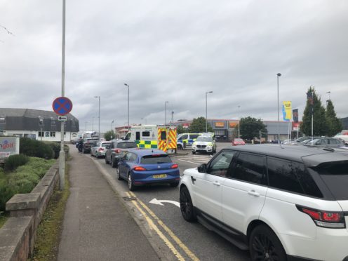 The disruption at the Harbour Road roundabout today. Picture by Chris MacLennan