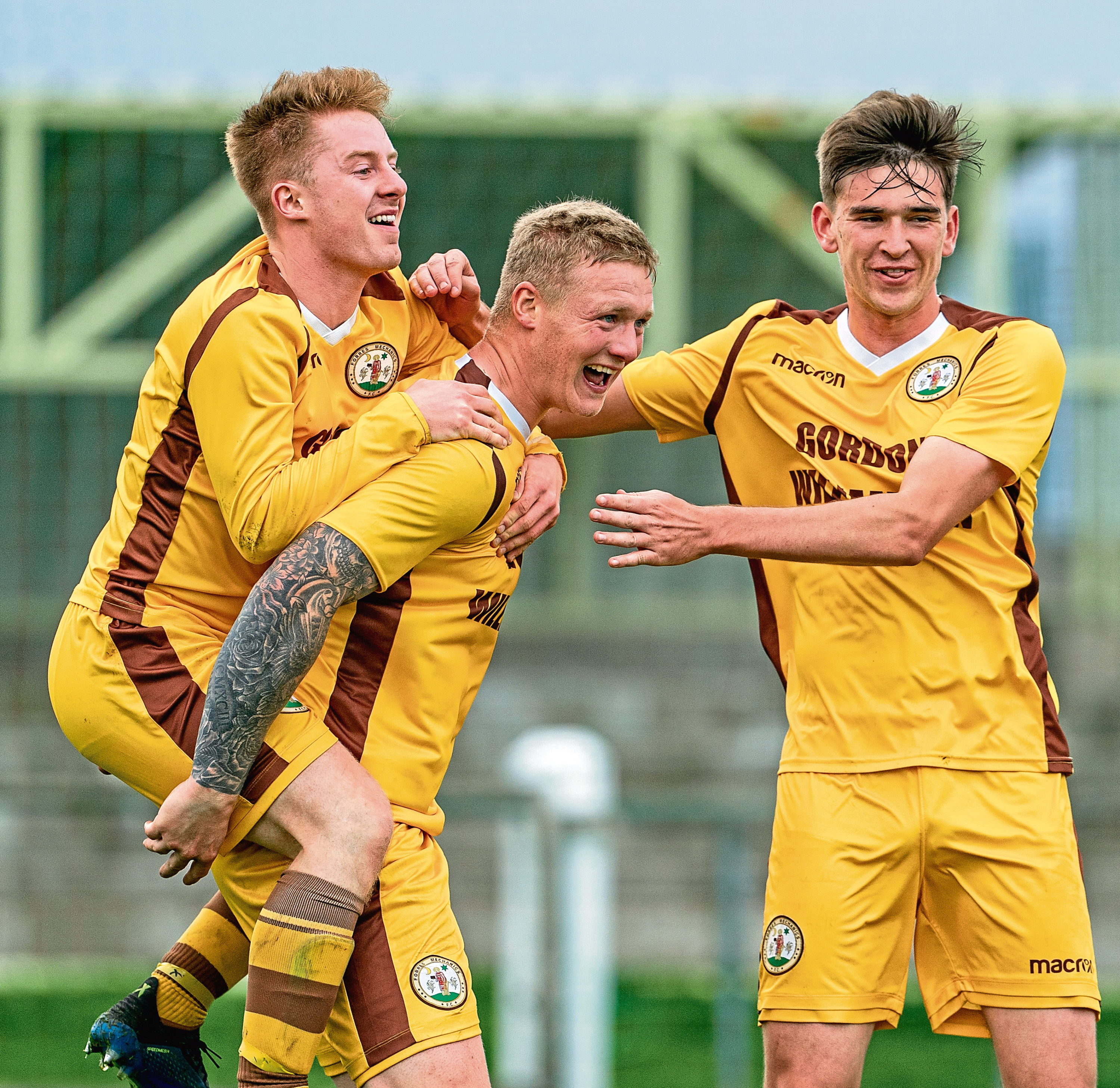 5 October 2019. uckie Thistle FC, Victoria Park, Midmar Street, Buckie, Moray, AB56 1BJ. This is from the Breedon Highland League Match between Buckie Thistle (Green and White) and Forres Mechanics (Yellow). PICTURE CONTENT:- 9 Forres Lee Fraser celebrates his Goal