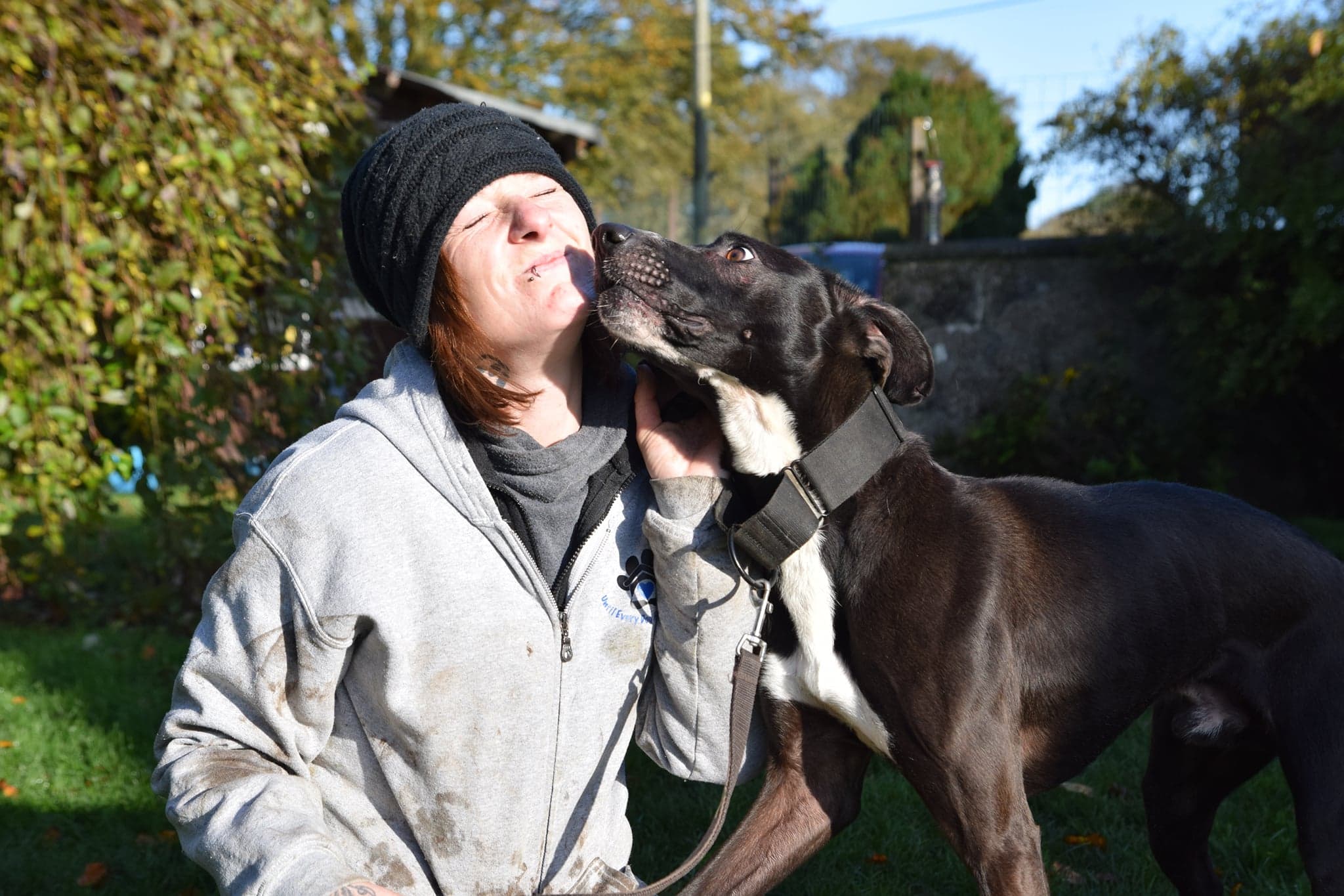 Karen Fairclough with  Peter the pointer/lurcher who has to be kept on a lead until the repairs are made