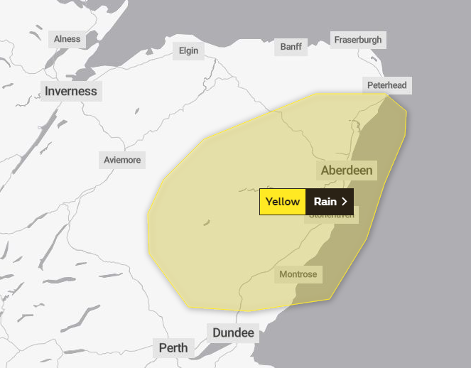 Yellow weather warning is in place across Aberdeenshire and Moray.