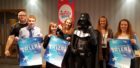 (l-r) Andrew Stewart, Matthew Philip, Vicky Morris, Claire Maycock, Darth Vader, Alana Bowie, and Pauline Grieg show their support for Aberdeenshire’s Got Talent.