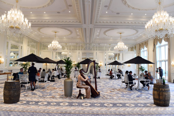 The French-style ballroom replete with huge chandeliers at Trump Turnberry