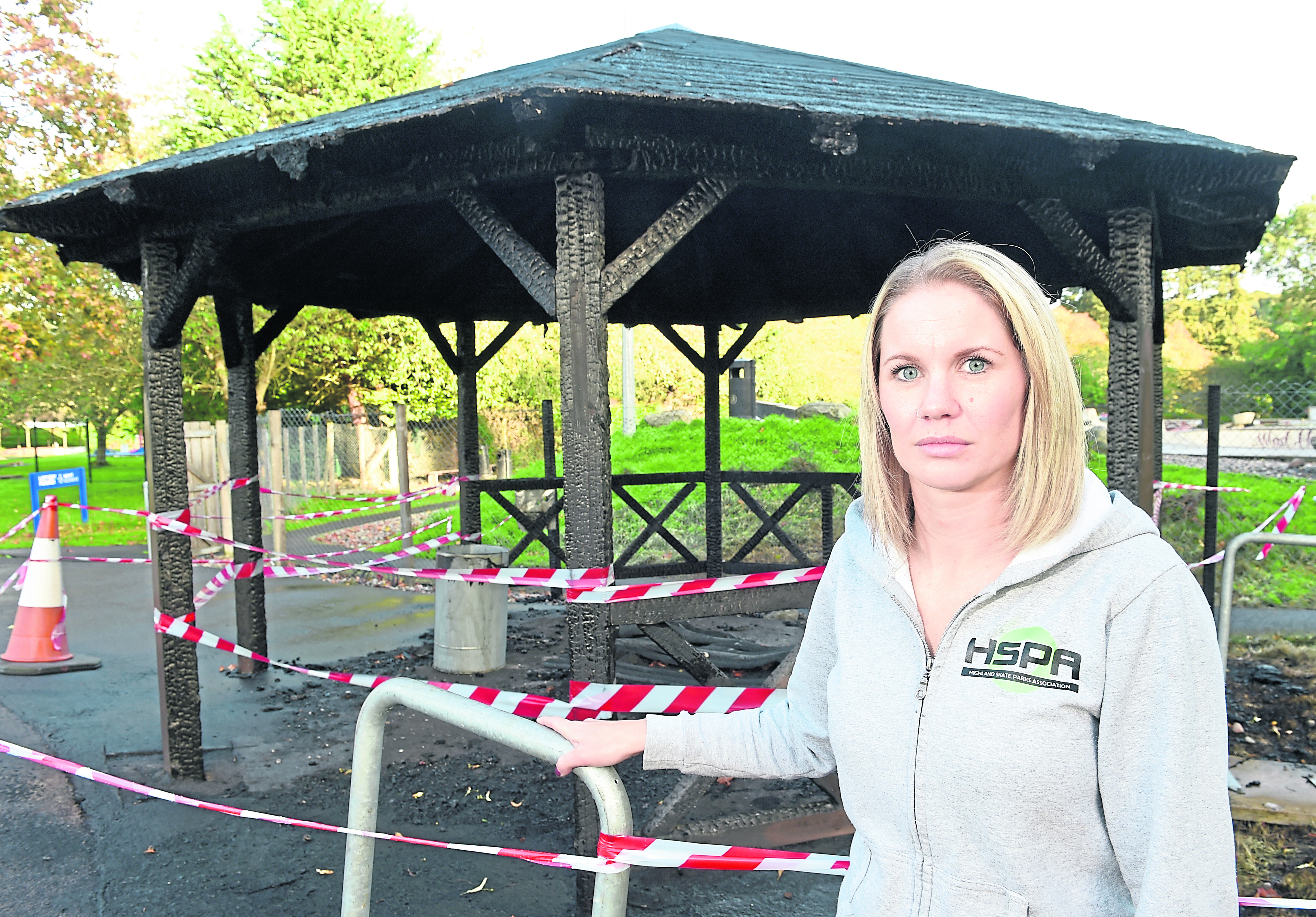 Chairwoman of Highland Skate Parks Association, 
Natalie Murray, photographed at the badly damaged shelter at the Inverness Skate Park.
Picture by Sandy McCook.