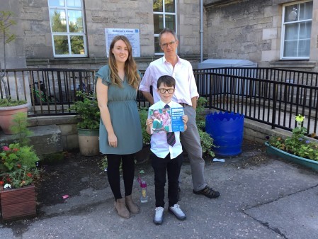 P7 teachers Miss Jardine and Mr Sleaford and former Andersons Primary pupil, Harley Sharp.