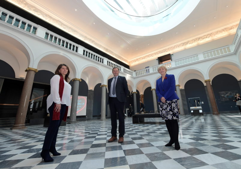 Culture spokesperson Marie Boulton with Aberdeen City Council Co-Leaders Douglas Lumsden and Jenny Laing in the redeveloped Aberdeen Art Gallery.