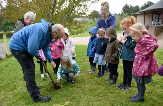 Pupils of Primary 1 in Croy Primary School yesterday planted trees in the school grounds. Highland Coumcil Forestry Officer Grant Stuart helps the pupils plant the trees.