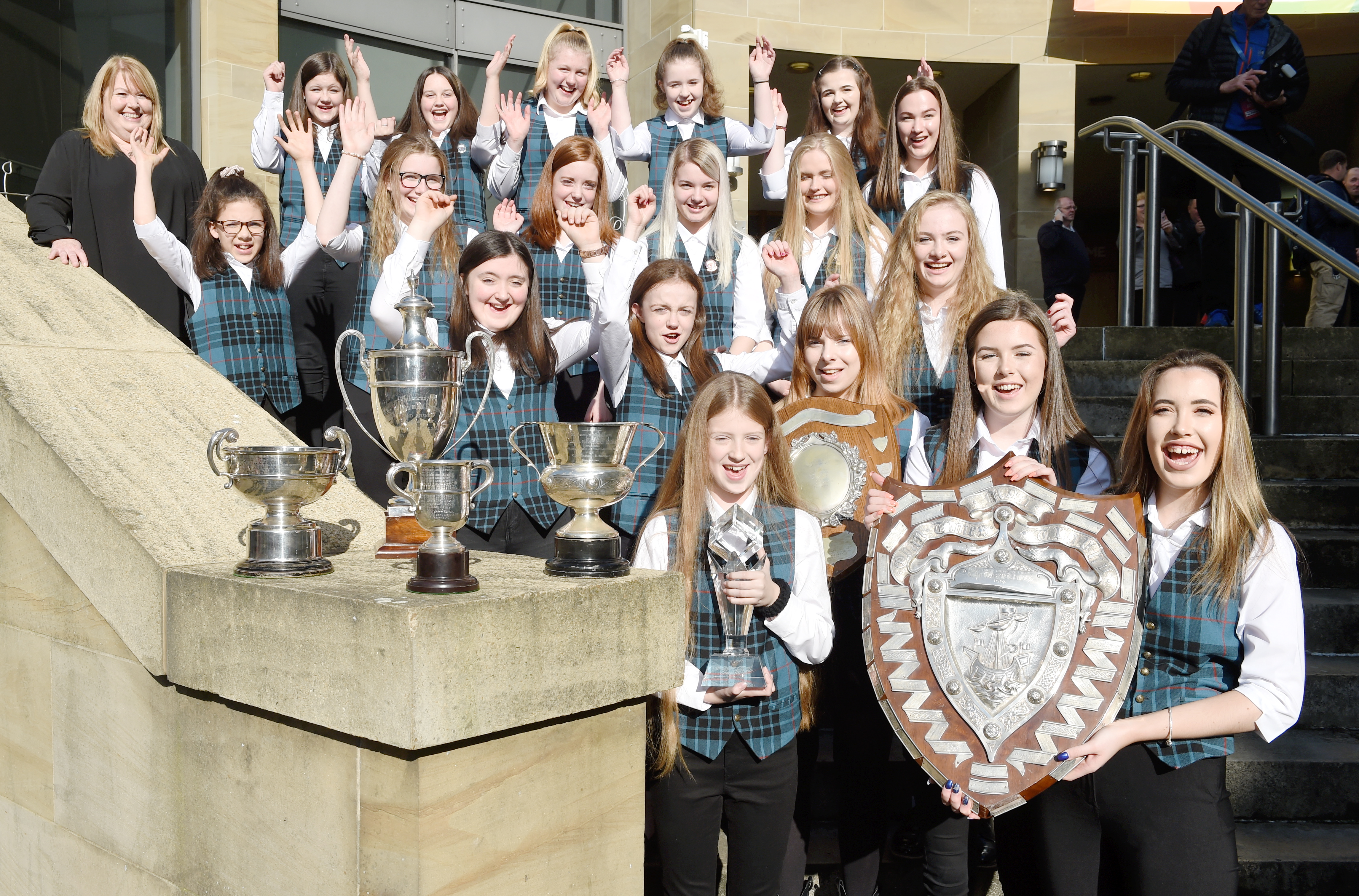 The Nicholson Institute, Stornoway choir with their haul of silverware from the choral competitions yesterday morning.
Picture by Sandy McCook