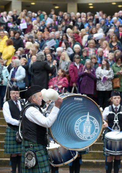 The Massed Choirs perform on the steps of the Royal Concert Hall in Glasgow as the 2019 Mod comes to an end. Picture by Sandy McCook