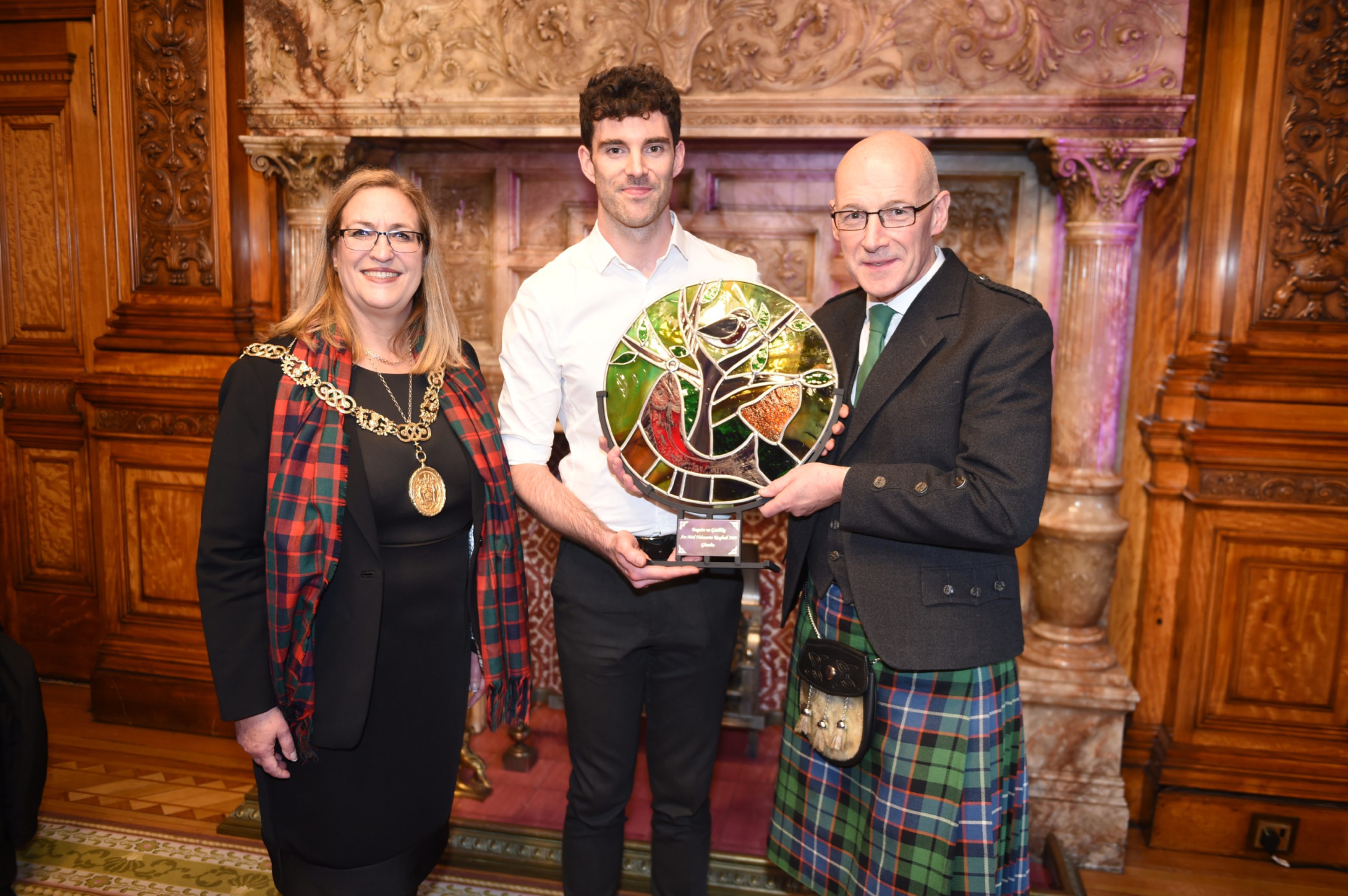The Lord Provost of Glasgow, Eva Bolander with Alisdair Whyte, Gaelic Ambassador of the Year and John Swinney, Deputy First Minister of Scotland, at The Royal National Mod 2019 in Glasgow City Chambers

Picture by Sandy McCook