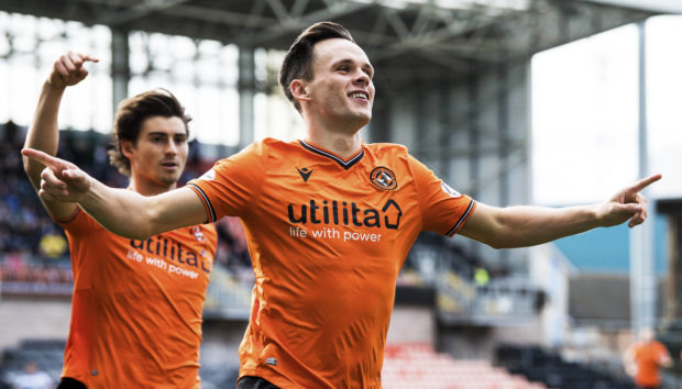 Lawrence Shankland celebrates scoring during the Ladbrokes Championship match between Dundee United and Greenock Morton at Tannadice Stadium, on September 28. (Photo by Ross Parker / SNS Group)