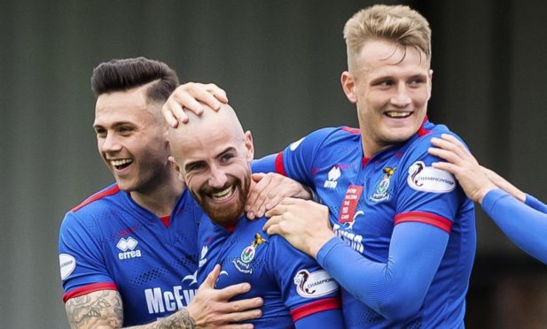 James Vincent (Centre) celebrates scoring during the Ladbrokes Championship match between Ayr United and Inverness CT, at Somerset Park