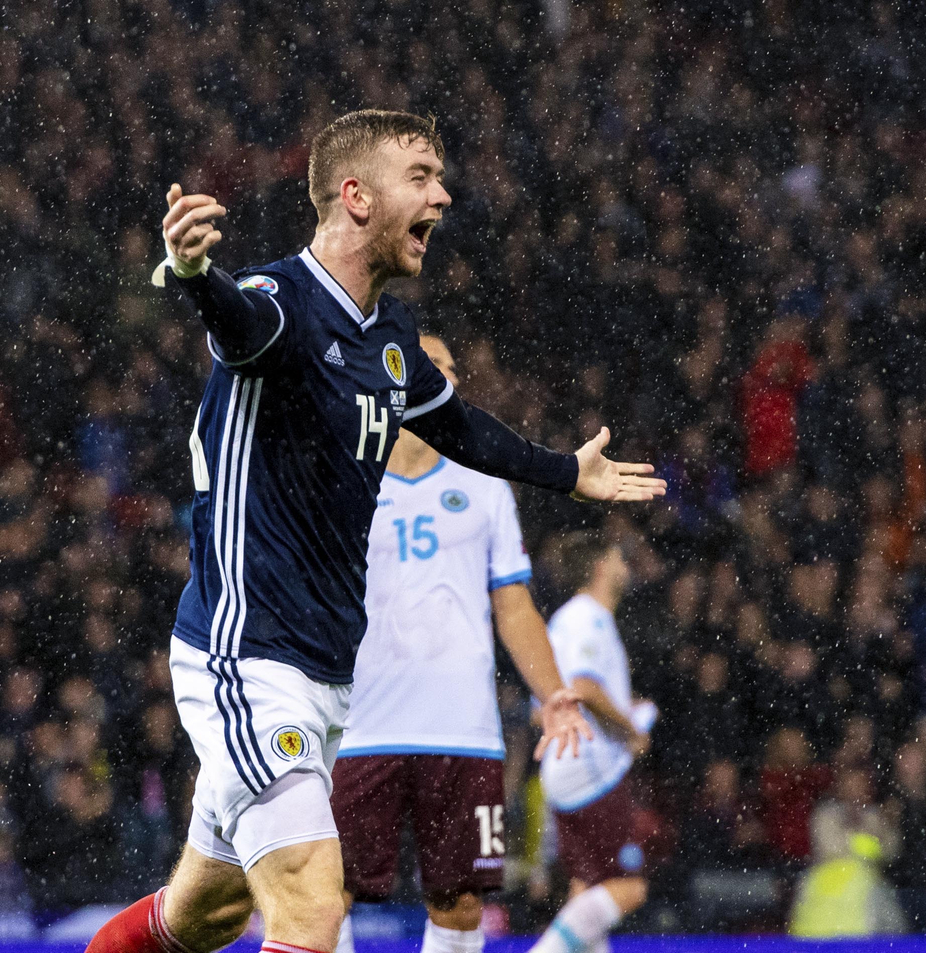 Stuart Findlay celebrates his first Scotland goal against San Marino.