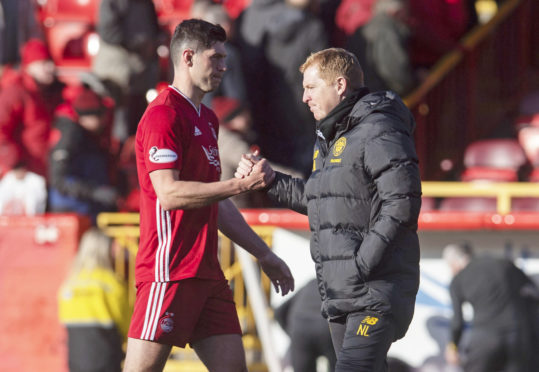 Scott McKenna with Neil Lennon after Aberdeen's defeat to Celtic.