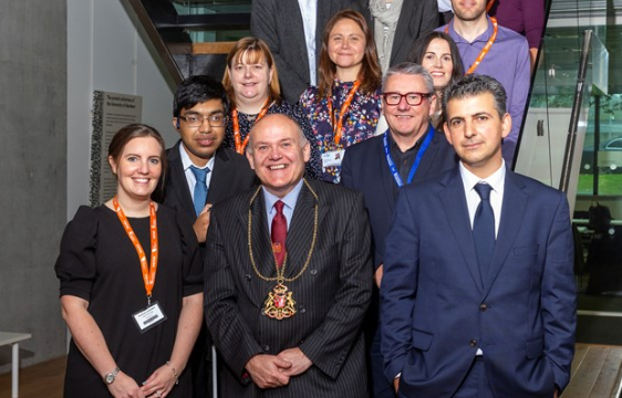 Julie Mosgrove from Optometry Scotland, Lord Provost of Aberdeen Barney Crockett and Dr Alexandros Zangelidis.