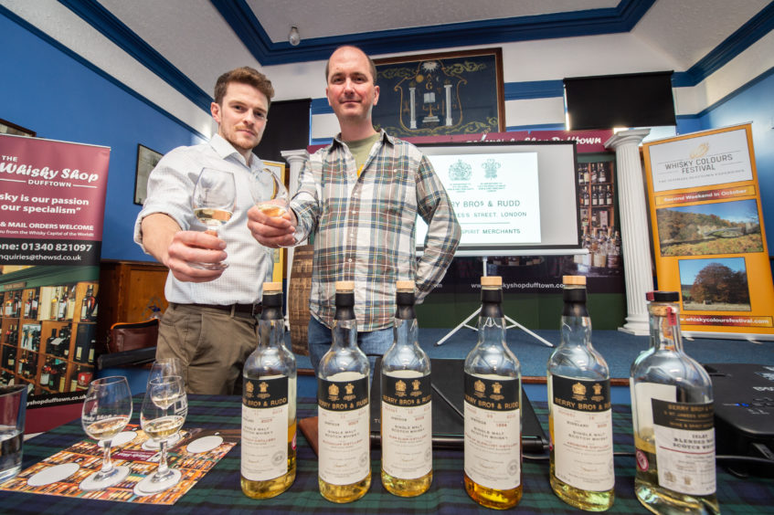 Whisky tasting in a hall near The Whisky Shop in Dufftown, which is part of the inaugural Whisky Colours Festival run by the owner of the shop to encourage visitors to area outside summer months.
Pictured: Owner Mike Lord, right, with assistant reserve spirits manager Jonny McMillan.