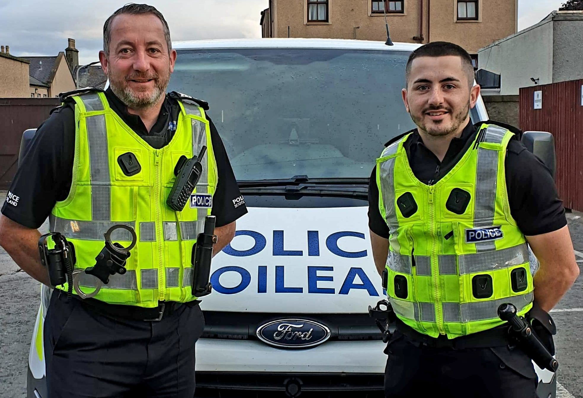Recently retired Moray Sergeant Ally Bruce and his son PC Harry Bruce