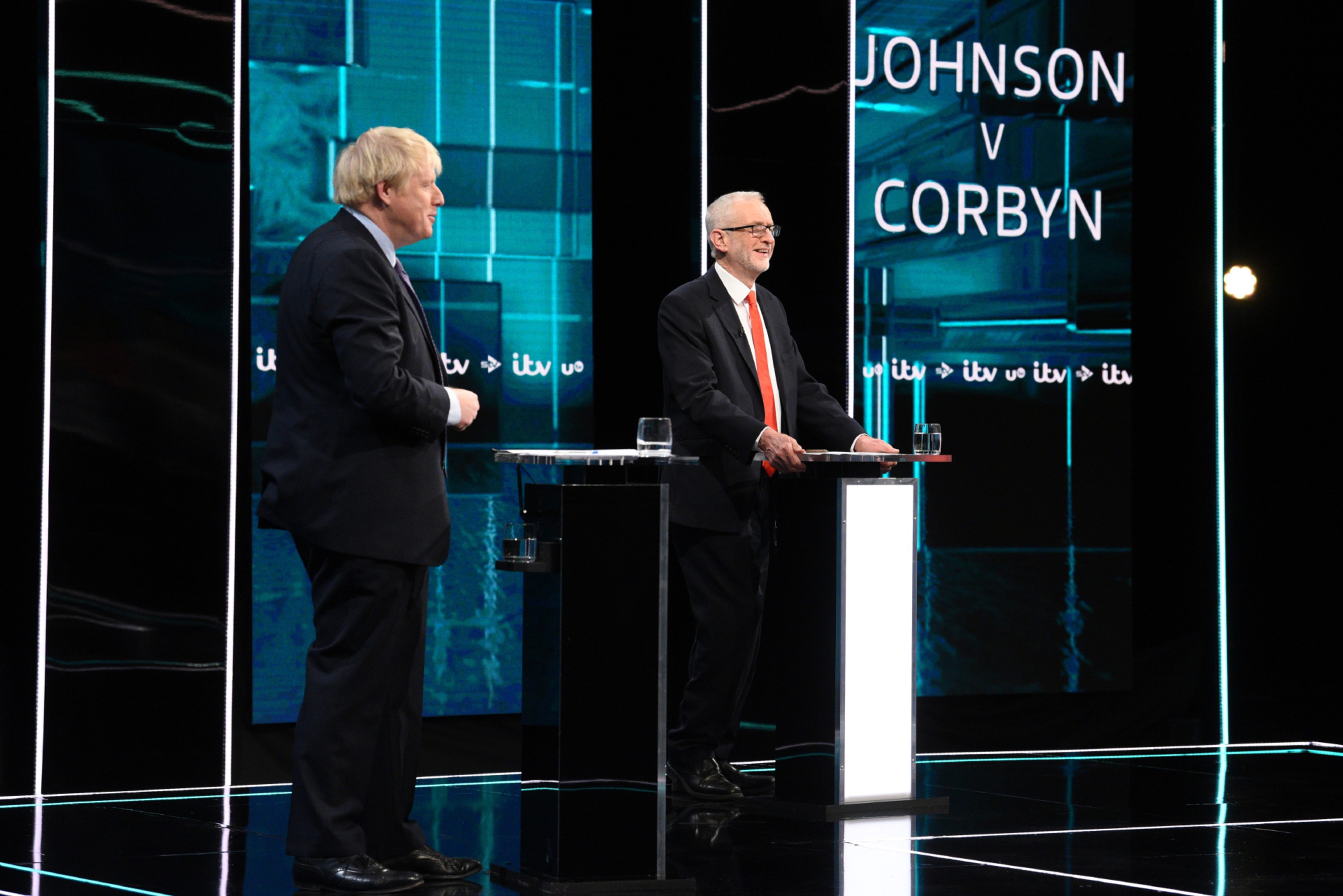Prime Minister Boris Johnson and Leader of the Labour Party Jeremy Corbyn answer questions during the ITV Leaders Debate at Media Centre on November 19, 2019