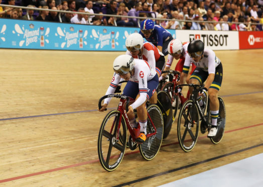 Neah Evans of Great Britain competes in the Women's Omnium during Day Two of The UCI Track Cycling World Cup at Sir Chris Hoy Velodrome.