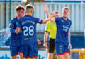 Mitch Curry, right, celebrates scoring with Roddy MacGregor during the Tunnocks Caramel Wafer Challenge Cup Last 16 match between Inverness CT and Alloa Athletic, on October 12, in Inverness, Scotland.