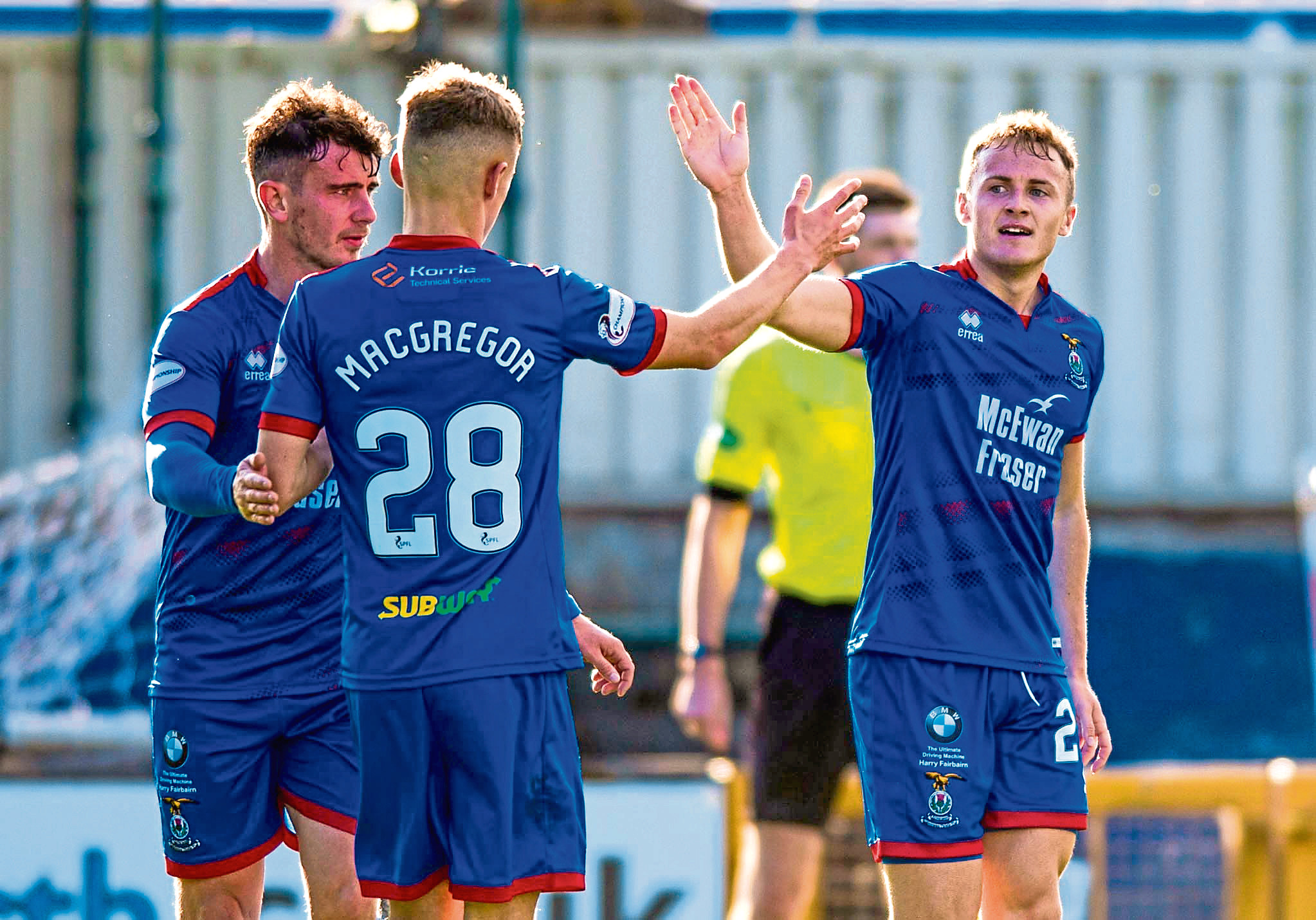 Mitch Curry, right, celebrates scoring with Roddy MacGregor during the Tunnocks Caramel Wafer Challenge Cup Last 16 match between Inverness CT and Alloa Athletic, on October 12, in Inverness, Scotland.