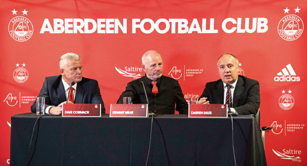 Left to right: Aberdeen chairman Dave Cormack and directors Stewart Milne and Darren Eales.