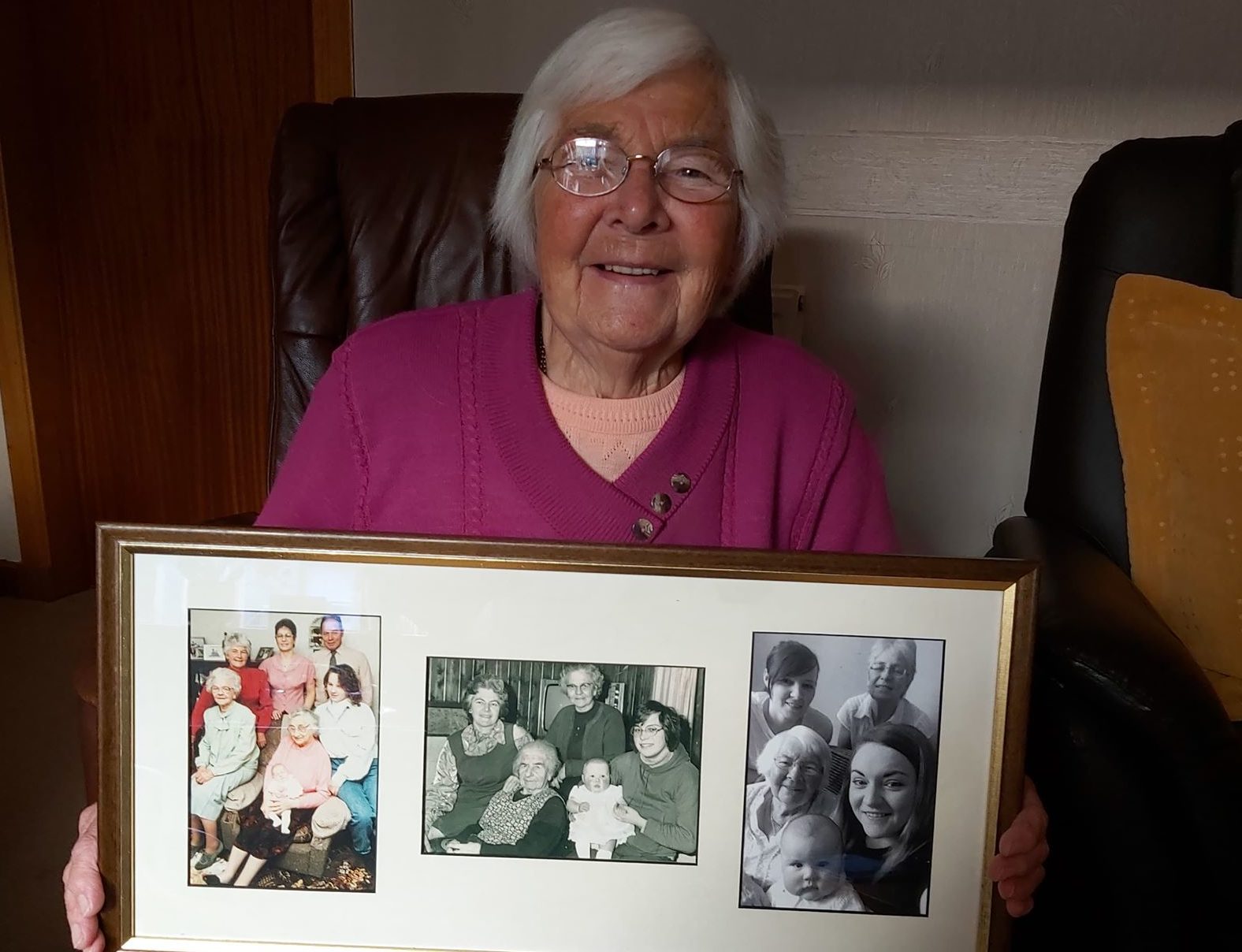 Maureen Thomson with three pictures of five generations of her family over the decades